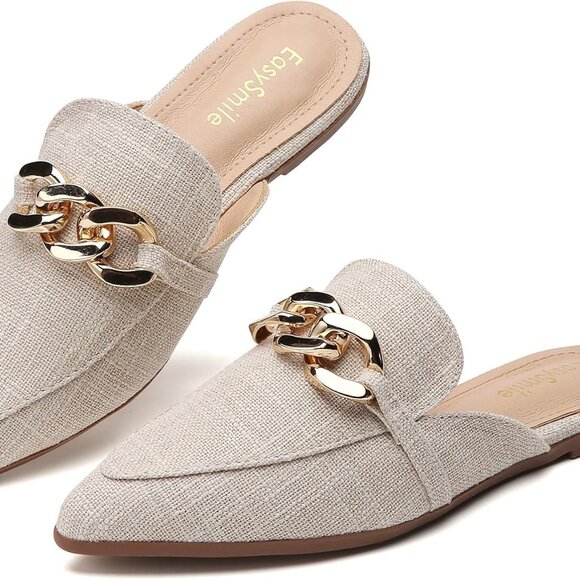 Shoes - Women Flat Mules Synthetic Metal Chain Decor Pointed Toe Slip On Shoes